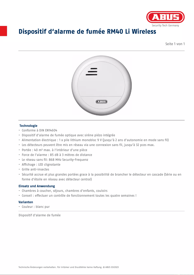 Page 1 de la notice Fiche technique Abus RM40 Li