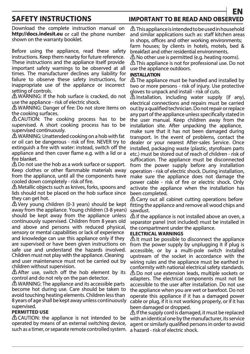 Page 1 de la notice Instructions / montage Indesit IS 19Q30 NE