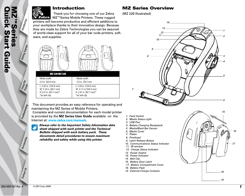 Page n°1 - Manuel utilisateur Zebra MZ 320