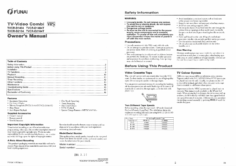 Page n°1 - Manuel utilisateur Funai TVCR-D2104