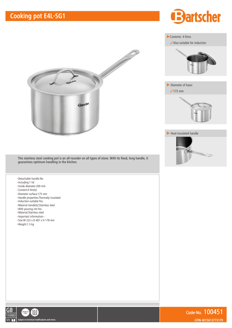 Page 1 de la notice Fiche technique Bartscher E4L-SG1