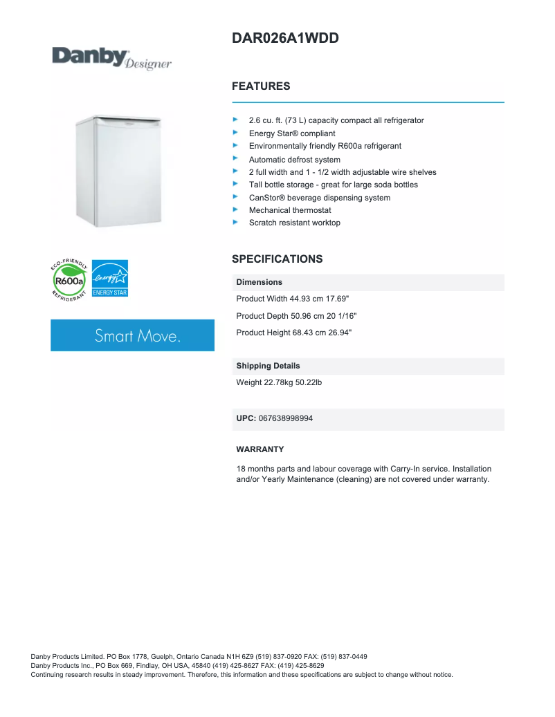 Página 1 del manual Ficha técnica Danby DAR026A1