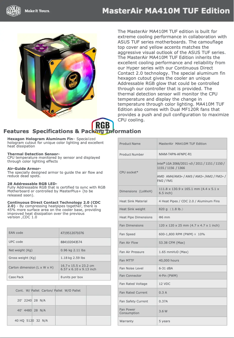 Página 1 del manual Ficha técnica Cooler Master MASTERAIR MA410M