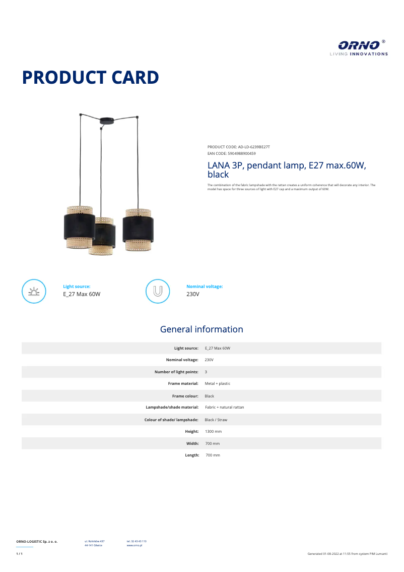 Page n°1 - Fiche technique Adviti AD-LD-6239BE27T