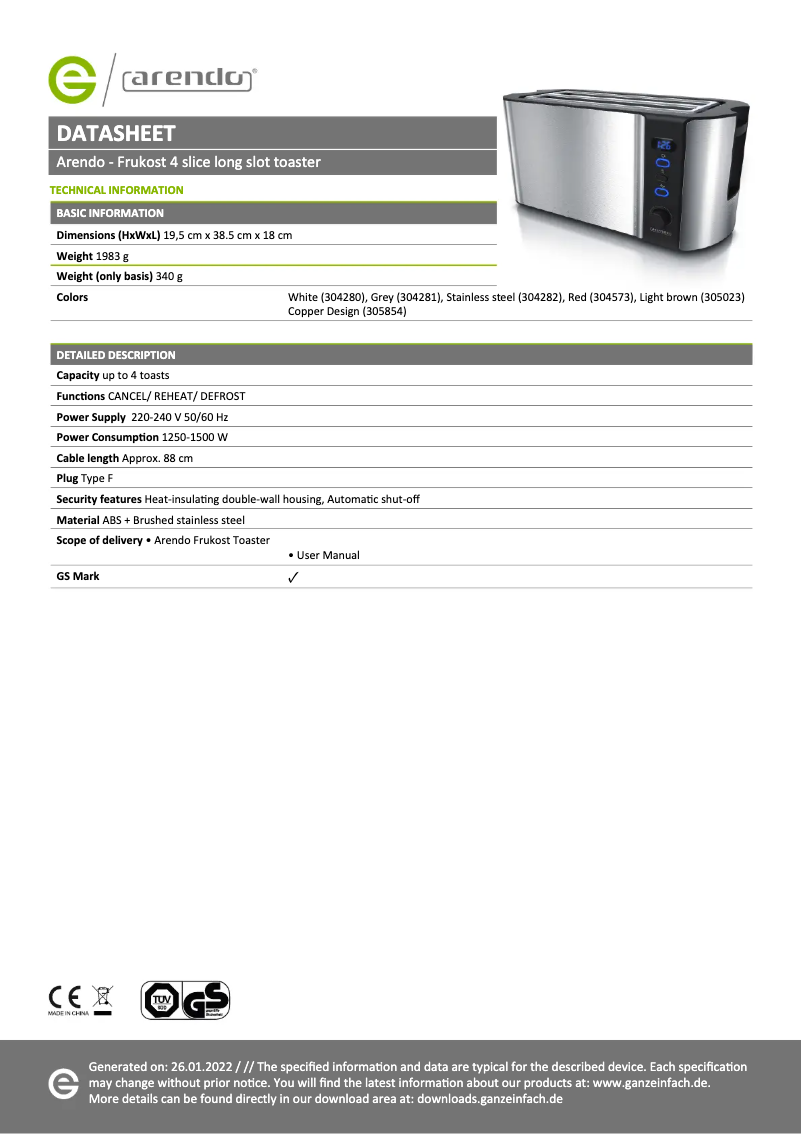 Page 1 de la notice Fiche technique Arendo Frukost 307008