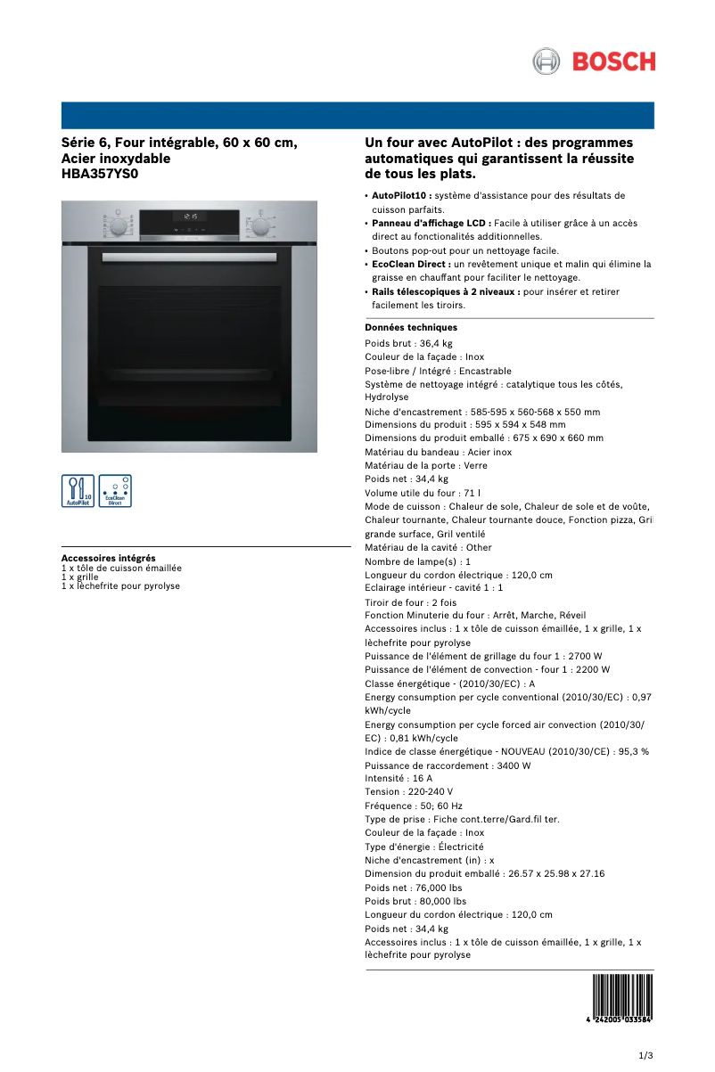 Page n°1 - Fiche technique Bosch HBA357YS0