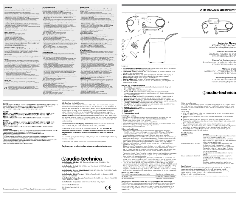 Image de la première page du manuel de l'appareil ATH-ANC33iS QuietPoint