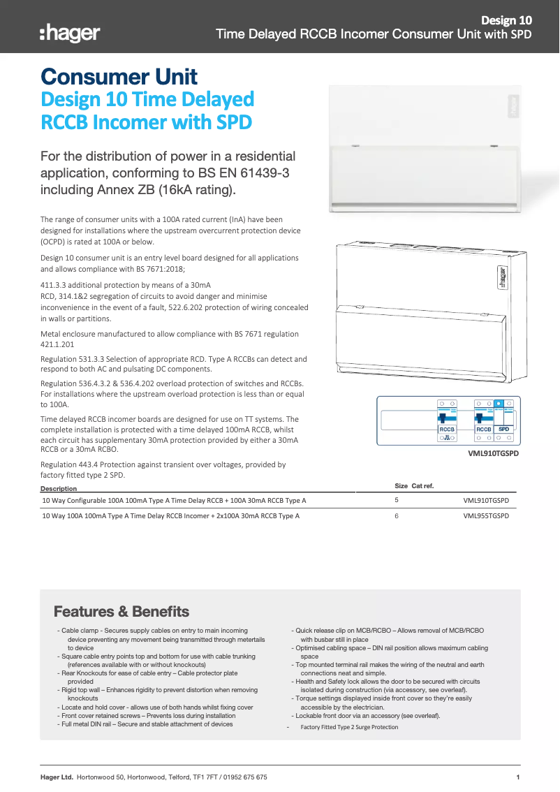 Page n°1 - Fiche technique Hager VML910TGSPD
