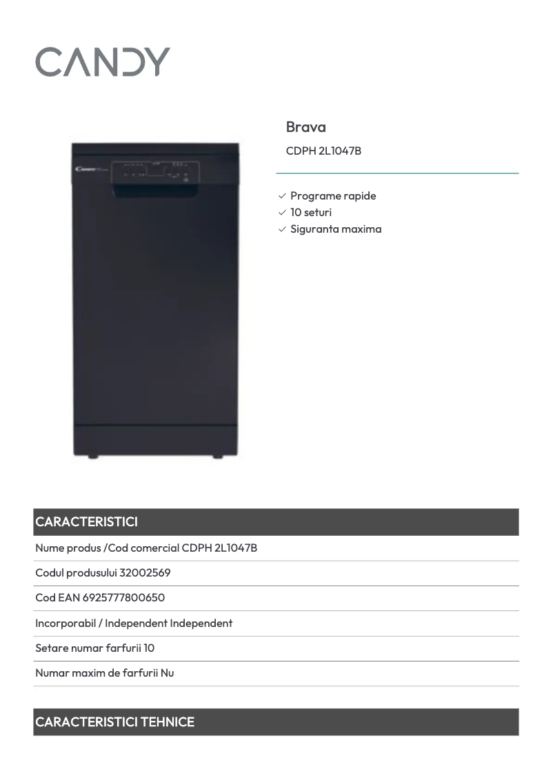 Page 1 de la notice Fiche technique Candy CDPH 2L1047B
