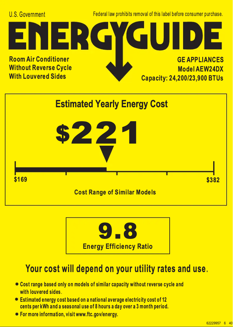 Page 1 de la notice Label énergétique GE AEW24DX