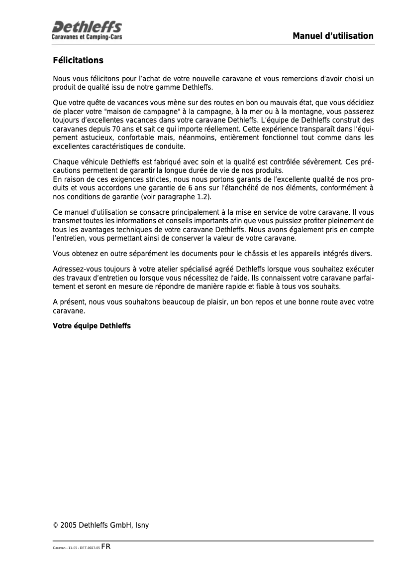 Page 1 de la notice Manuel utilisateur Dethleffs 2006