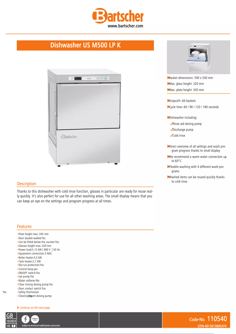 Page n°1 - Fiche technique Bartscher US M500 LP K