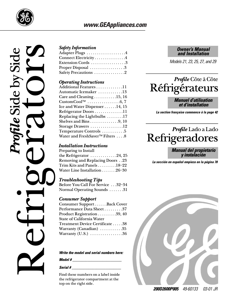 Page n°1 - Manuel d'utilisation et d'entretien GE PSS25MCMWW