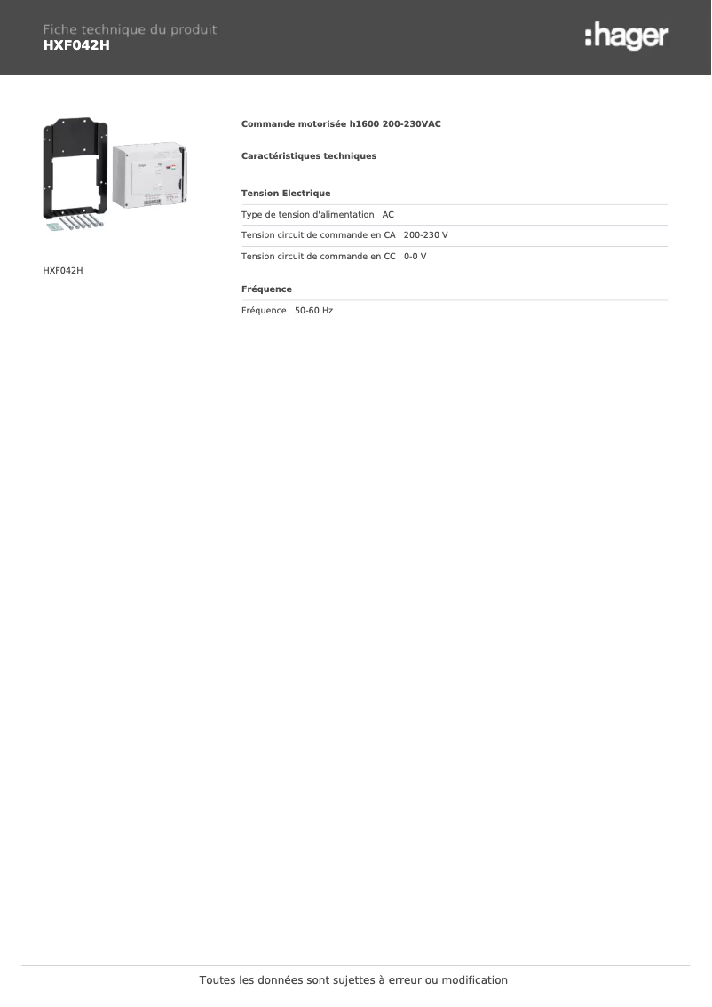 Page 1 de la notice Fiche technique Hager HXF042H