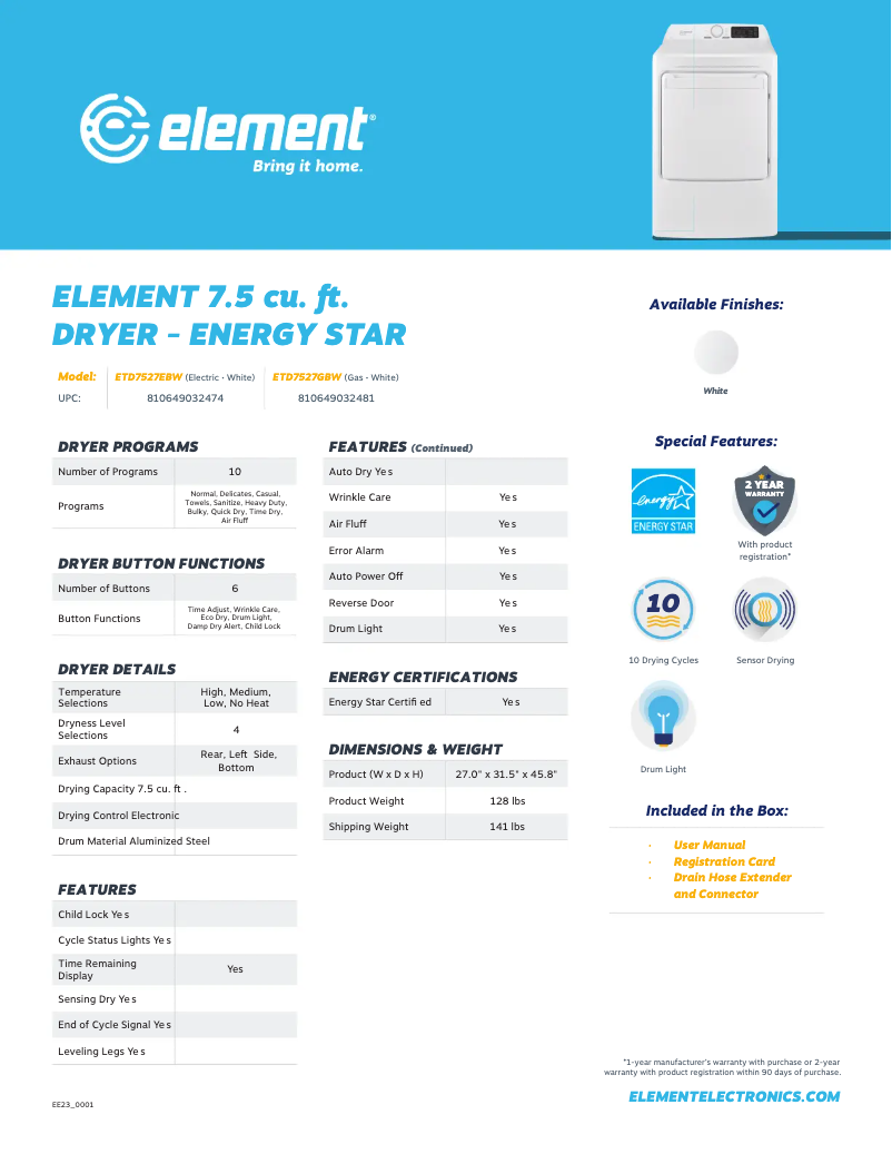 Page n°1 - Fiche technique Element ETD7527EBW