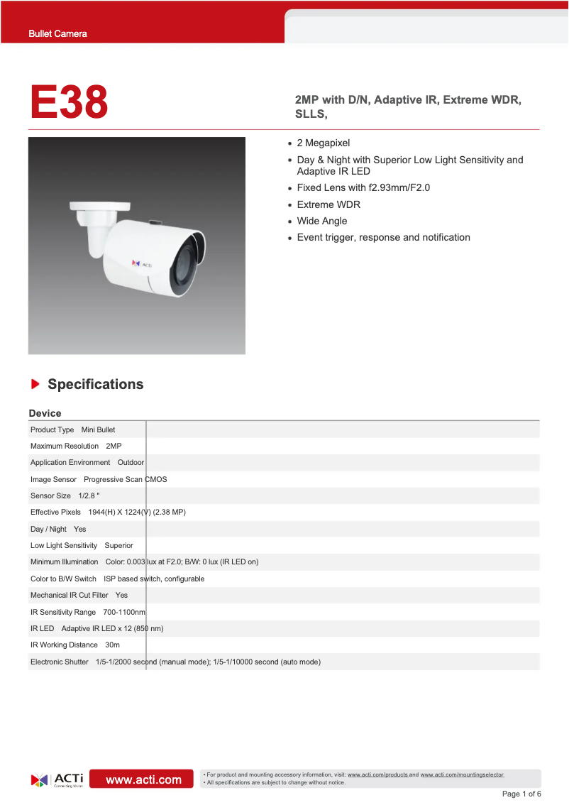 Page n°1 - Fiche technique ACTi E38