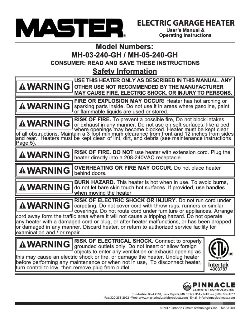 Image de la première page du manuel de l'appareil MH-05-240-GH