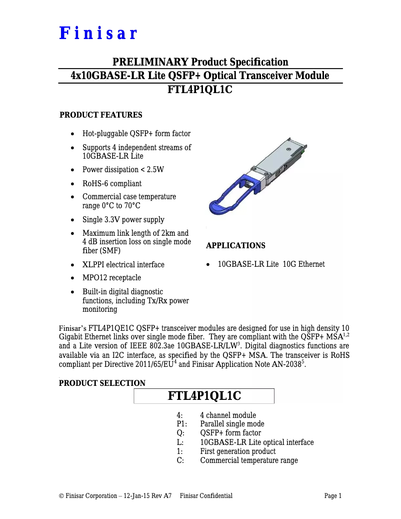 Page n°1 - Manuel utilisateur Finisar FTL4P1QL1C