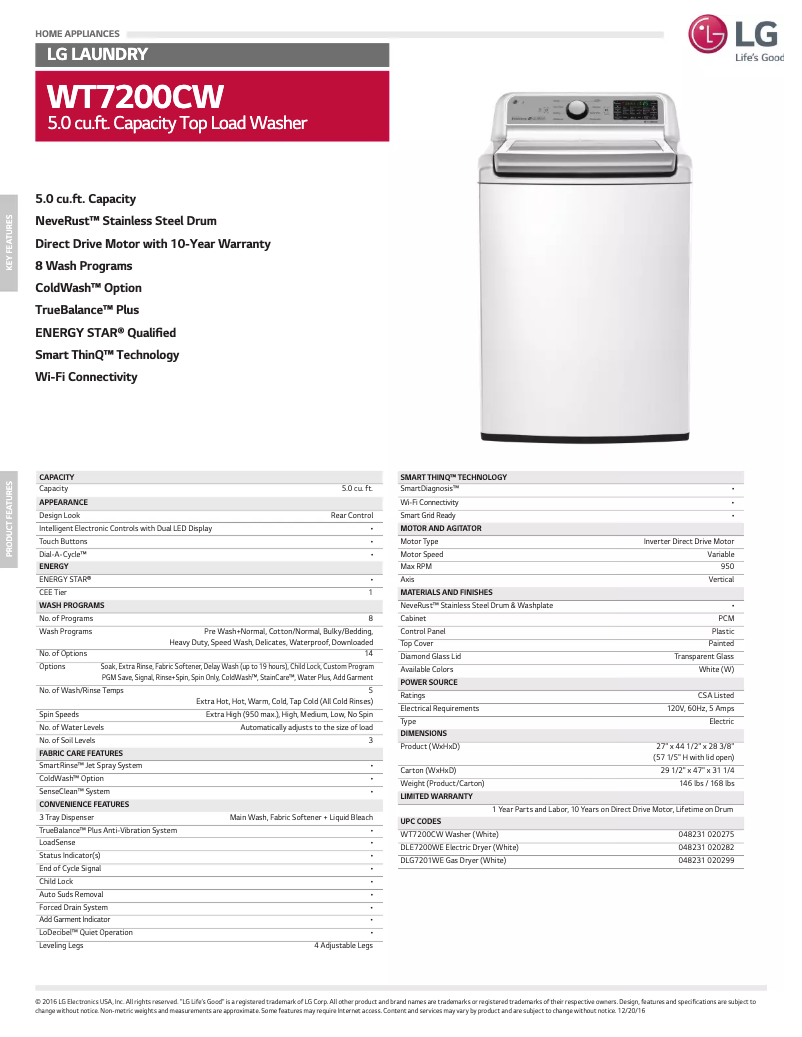 Página 1 del manual Ficha técnica LG WT7200CV