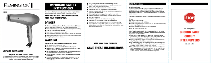 Page n°1 - Manuel utilisateur Remington D-8410