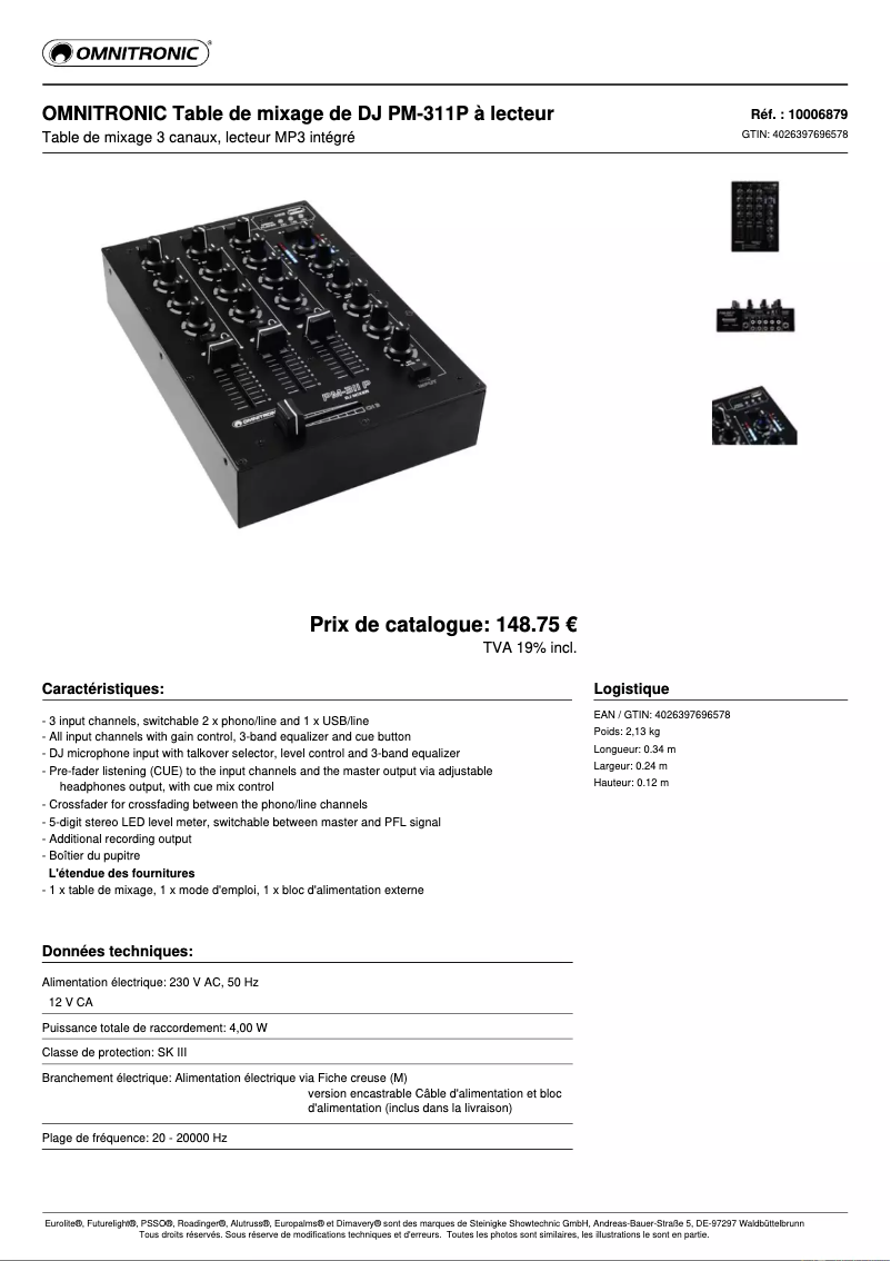 Page 1 de la notice Fiche technique Omnitronic PM-311P