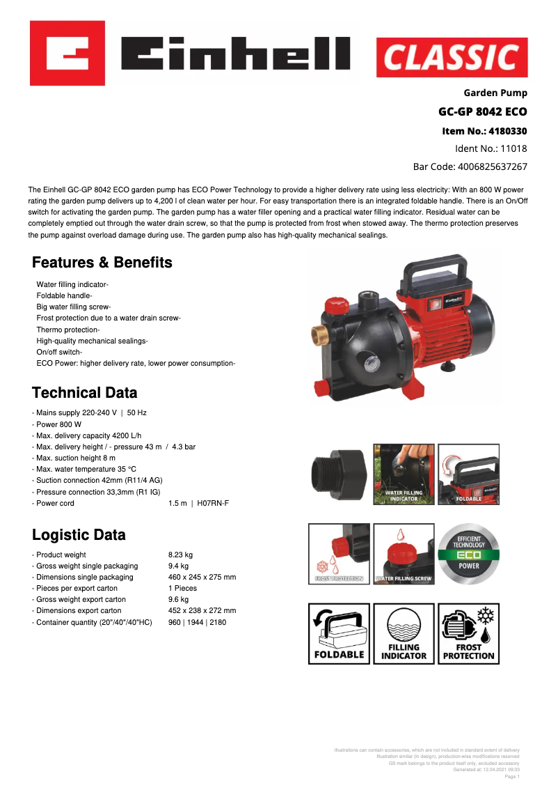 Page 1 de la notice Fiche technique Einhell GC-GP 8042 ECO
