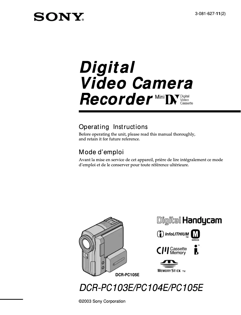 Page n°1 - Manuel utilisateur Sony DCR-PC103E