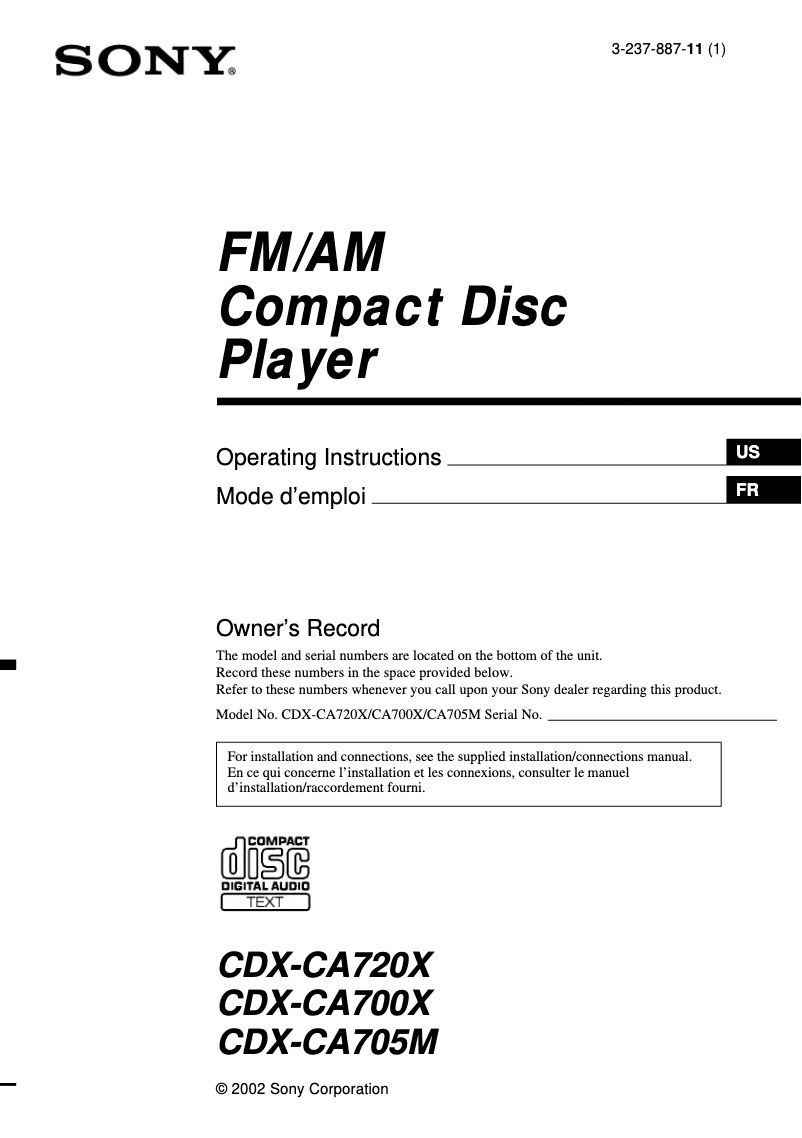 Page n°1 - Manuel utilisateur Sony CDX-CA700X