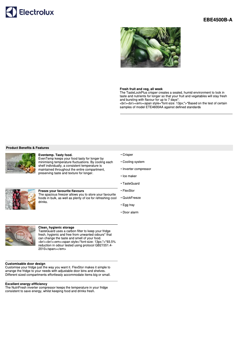 Page 1 de la notice Fiche technique Electrolux EBE4500B-A