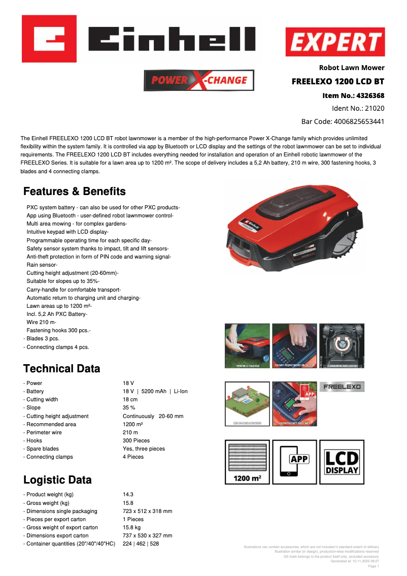 Page 1 de la notice Fiche technique Einhell FREELEXO 1200 LCD BT