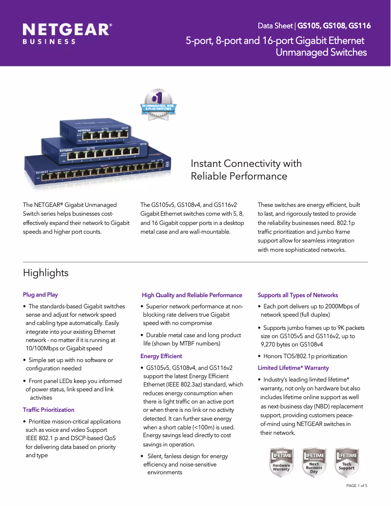 Page 1 de la notice Fiche technique Netgear GS105v5