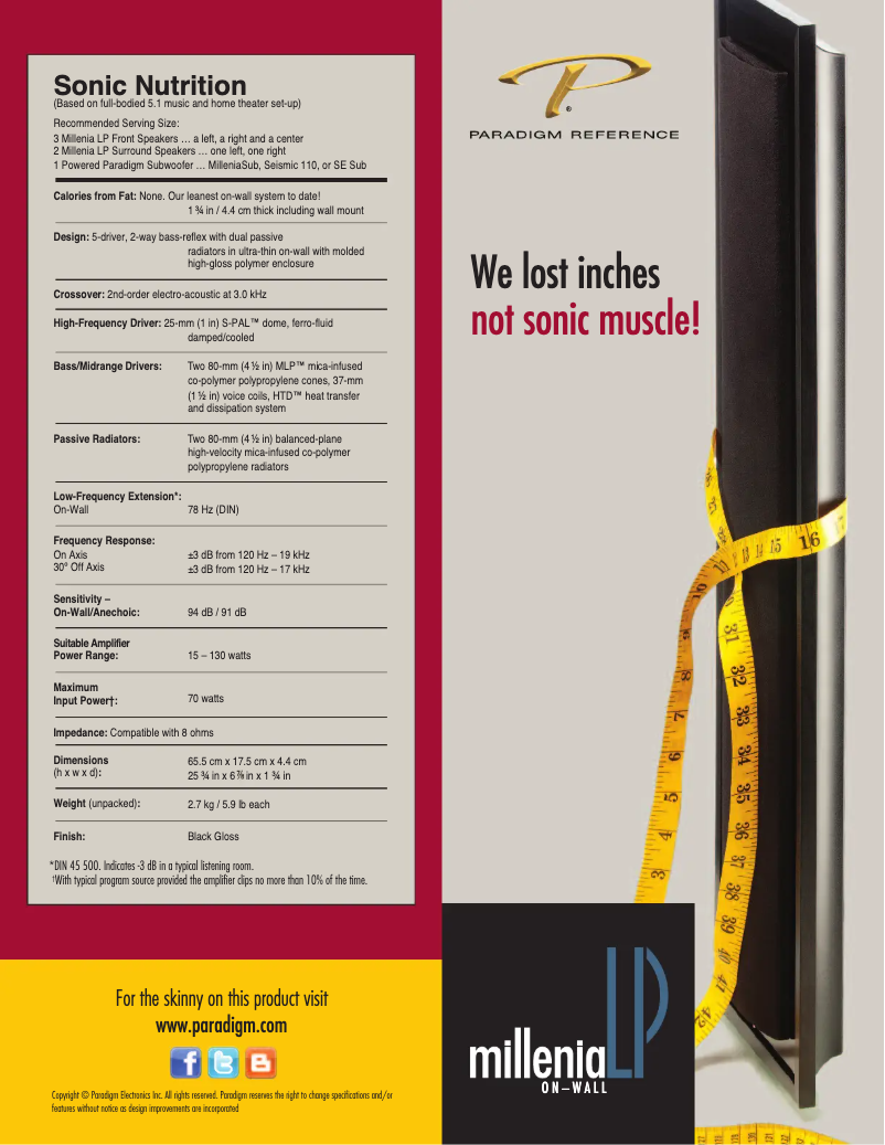 Page 1 de la notice Fiche technique Paradigm Millenia LP