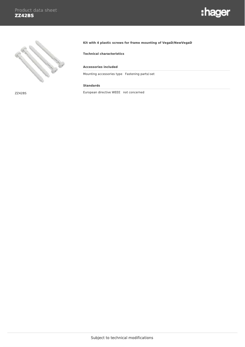 Página 1 del manual Ficha técnica Hager ZZ42BS