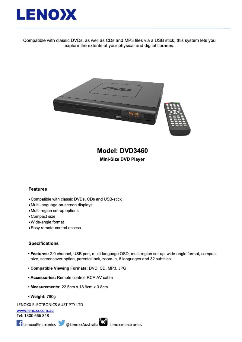 Page 1 de la notice Fiche technique Lenoxx DVD3460