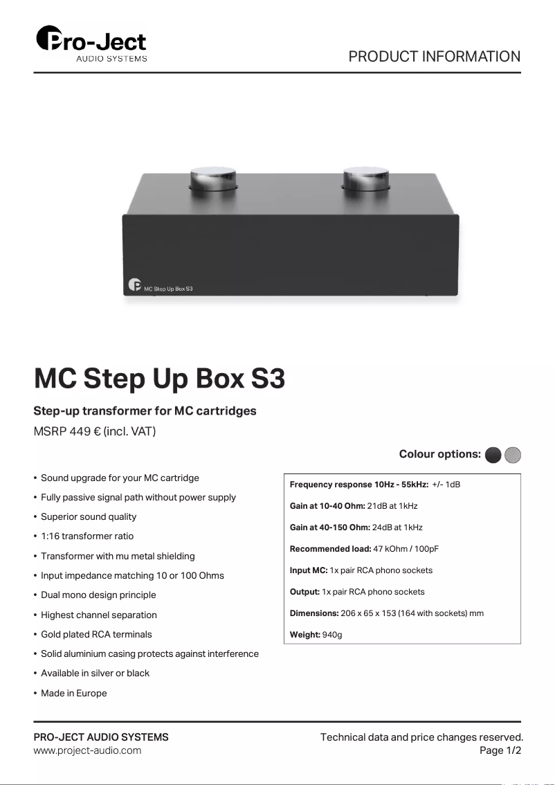 Page n°1 - Fiche technique Pro-Ject MC Step Up Box S3