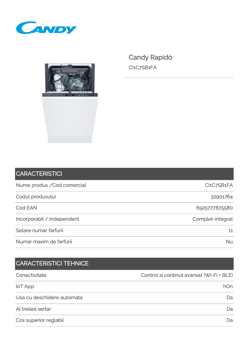 Page 1 de la notice Fiche technique Candy CI1C7SB1FA