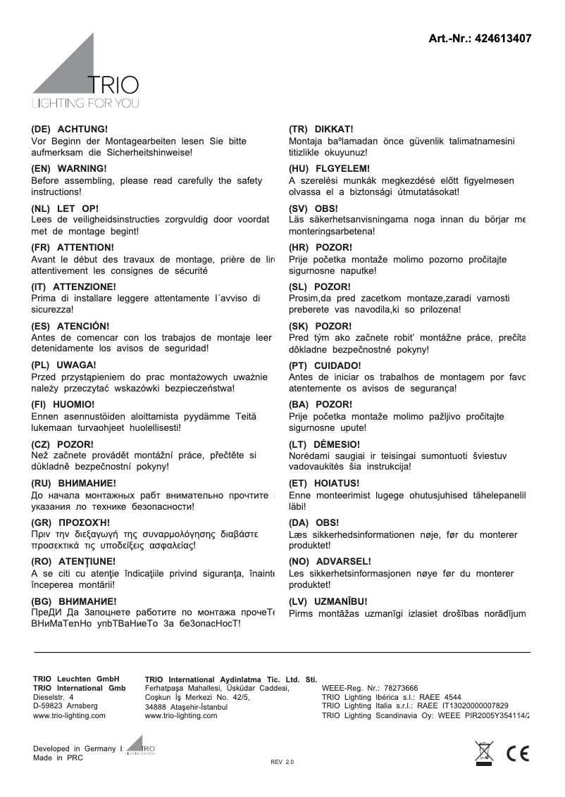 Page 1 de la notice Manuel utilisateur Trio Lighting Santos II 424613407