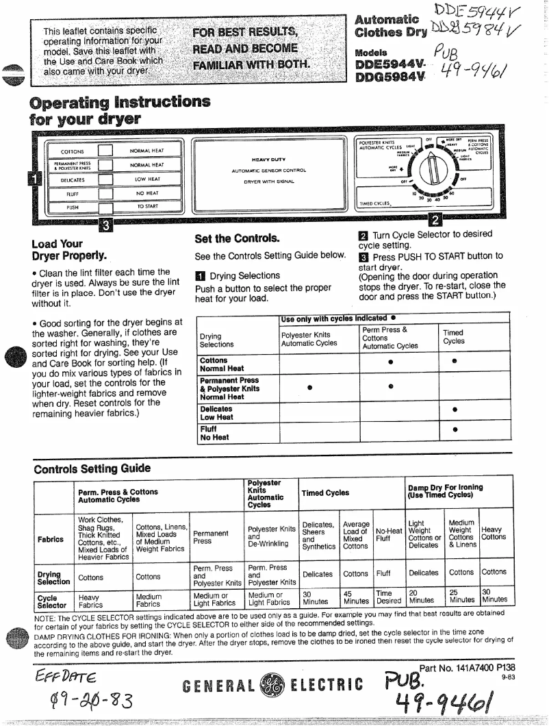 Page n°1 - Manuel utilisateur GE DDE5944V