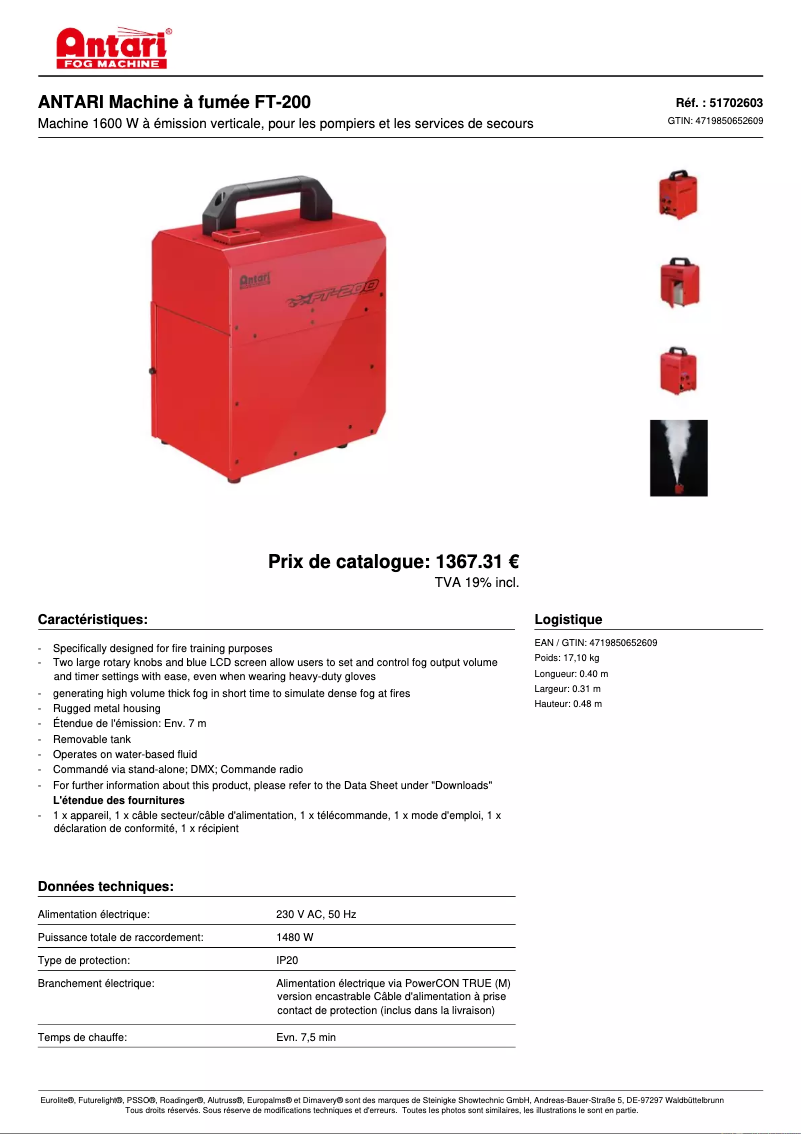 Page 1 de la notice Fiche technique Antari FT-200