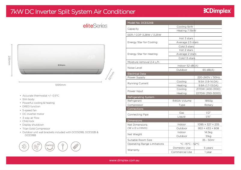 Página 1 del manual Ficha técnica Dimplex DCES24B