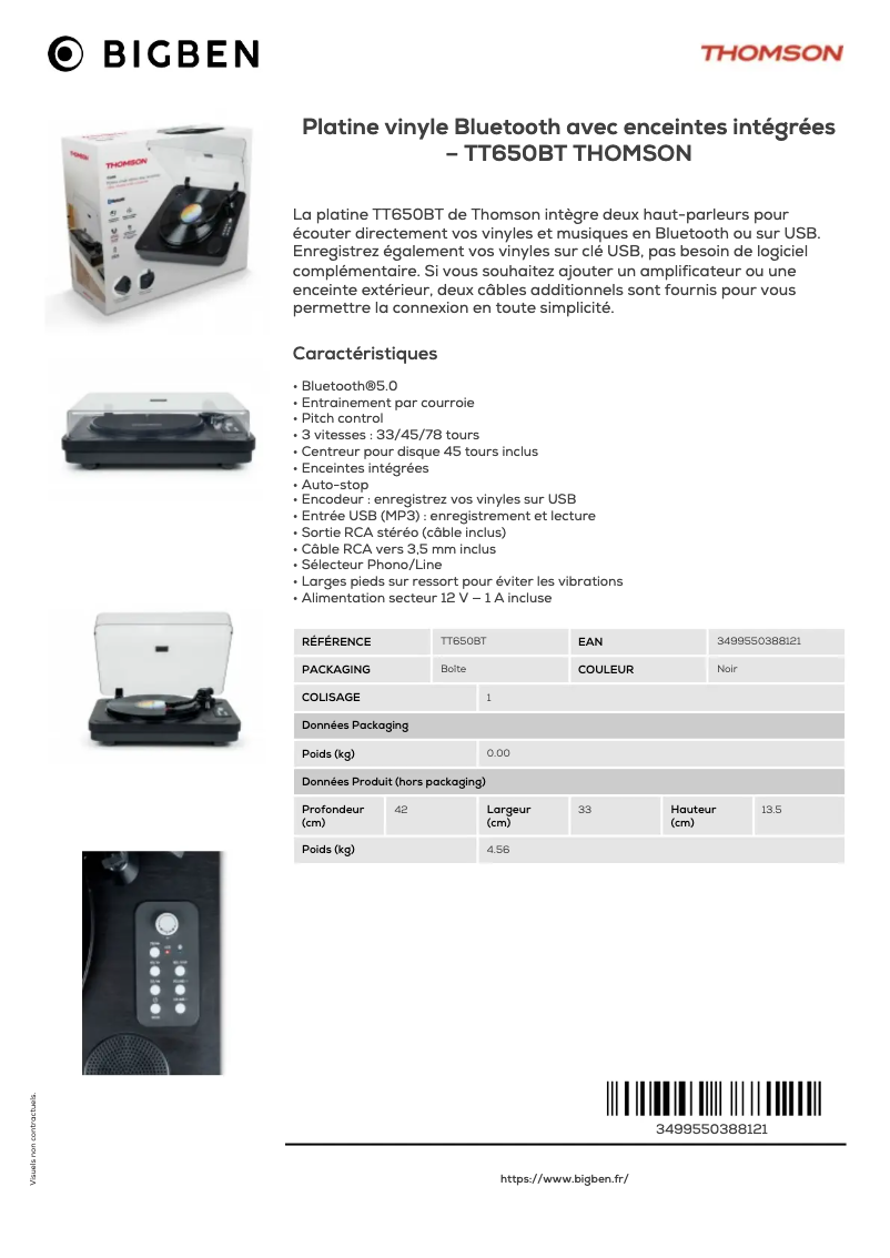 Page 1 de la notice Fiche technique Thomson TT650BT