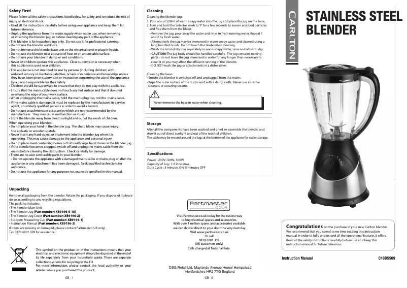 Page n°1 - Manuel utilisateur Carlton C16BSS09