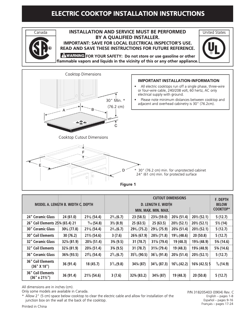 Page 1 de la notice Guide d'installation Frigidaire FFEC3024LB
