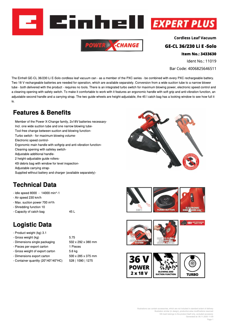 Page n°1 - Fiche technique Einhell GE-CL 36/230 Li E