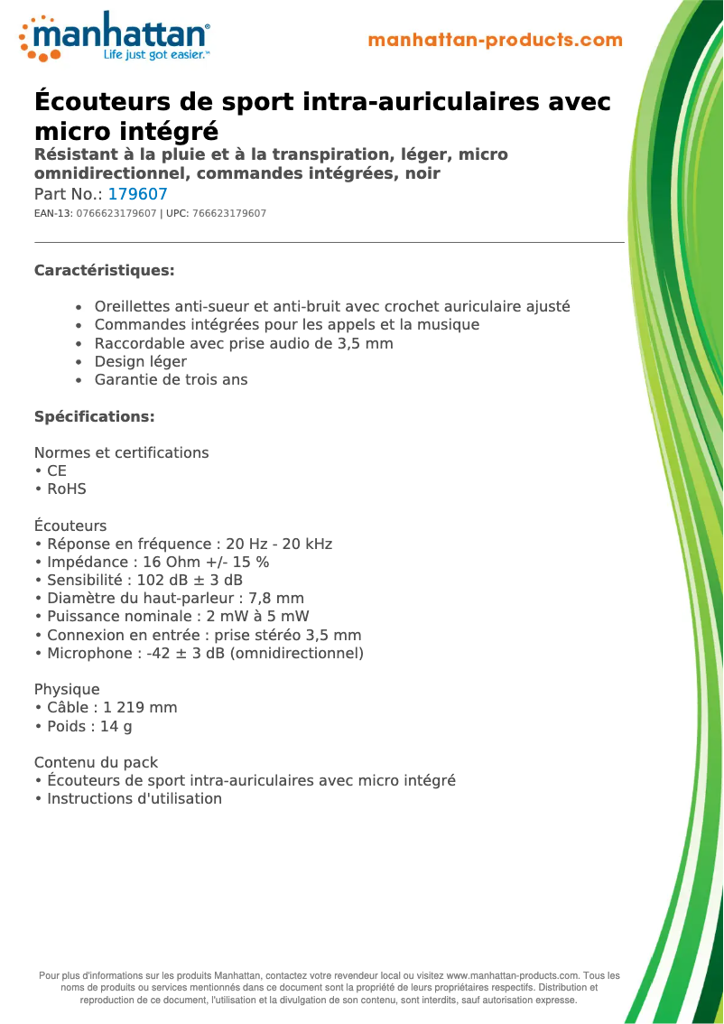Page 1 de la notice Fiche technique Manhattan 179607