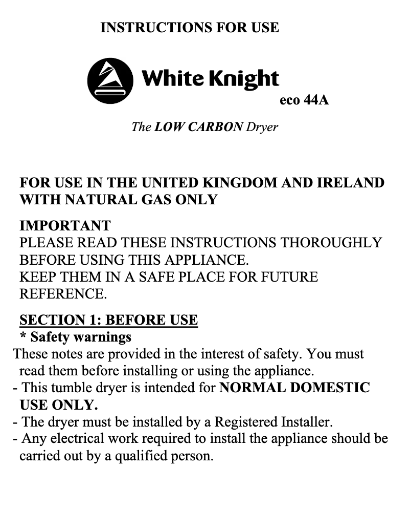 Page 1 de la notice Manuel utilisateur White Knight ECO44A
