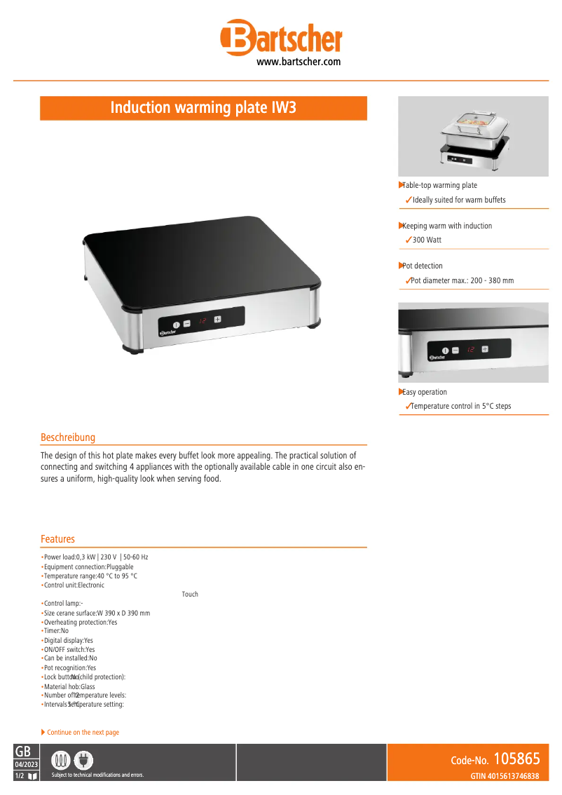 Page 1 de la notice Fiche technique Bartscher IW3