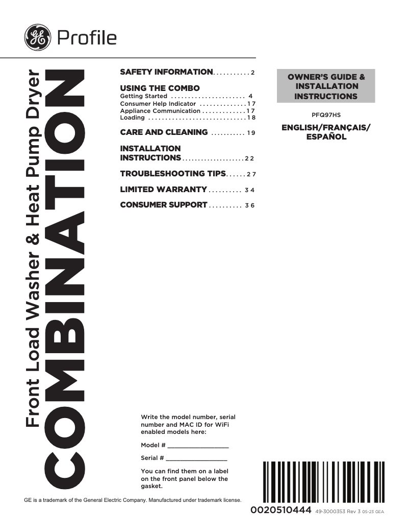 Page 1 of the manual User Manual GE GFR0728PTDS