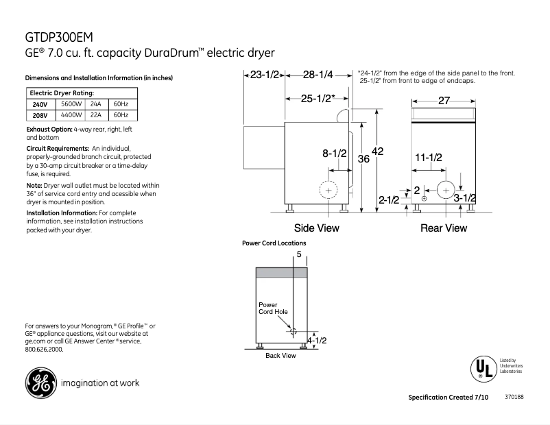 Page n°1 - Fiche technique GE DuraDrum GTDP300EMWS