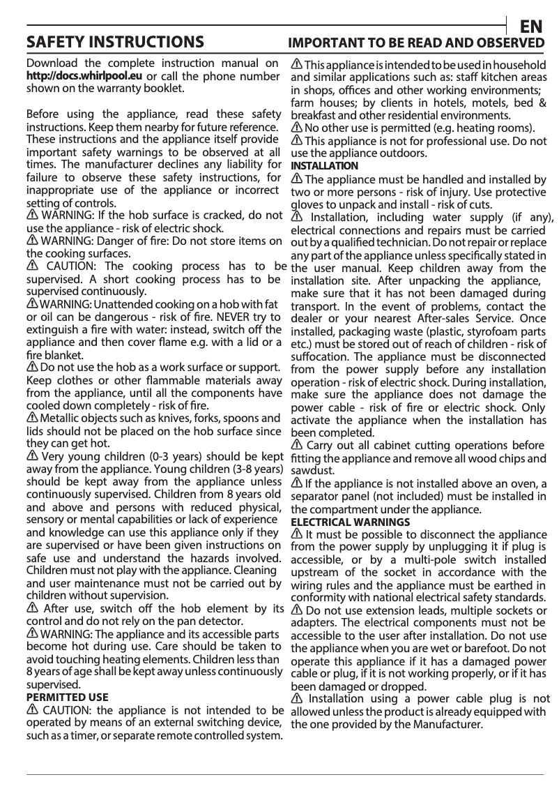 Page 1 of the manual Installation Guide Whirlpool WS Q0530 NE